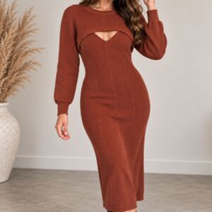 Freshman 1996 Rust Knit Midi Dress + Crop Shrug Set; Size S